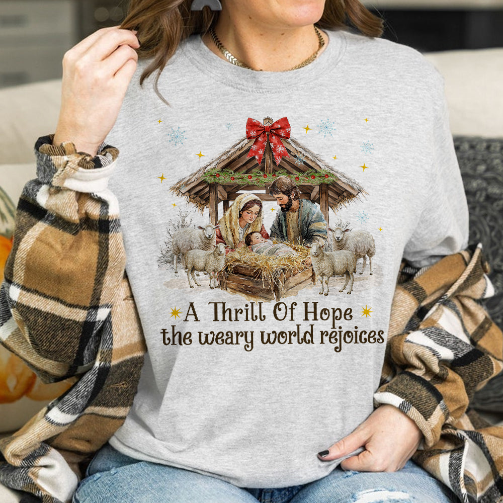 Teesdily | Nativity Scene Christmas Coquette Jesus Shirt, A Thrill Of Hope Sweatshirt, Christmas Nativity Hoodie Mug Religious Gift