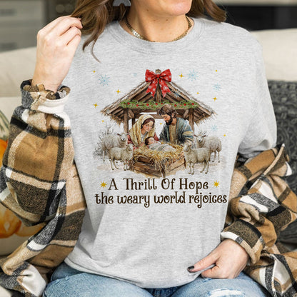 Teesdily | Nativity Scene Christmas Coquette Jesus Shirt, A Thrill Of Hope Sweatshirt, Christmas Nativity Hoodie Mug Religious Gift