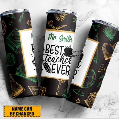 Teesdily | Personalized Best Teacher Ever Skinny Tumbler, Back To School Pattern Insulated Tumbler 20oz, Teacher Gifts