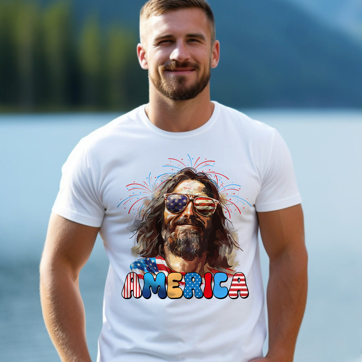 Teesdily | Cool Jesus American Flag T-shirt, Christina God American Sweatshirt, Happy Independence Day Gift, Christian Mug Cup, Father's Day Shirt