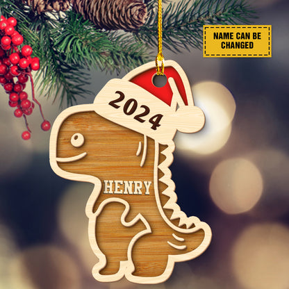 Teesdily | Customized Dinosaur Santa Christmas 2 Layered Wooden Ornament, Christmas T-rex Hat Ornament Decor, Christmas Gift Kid