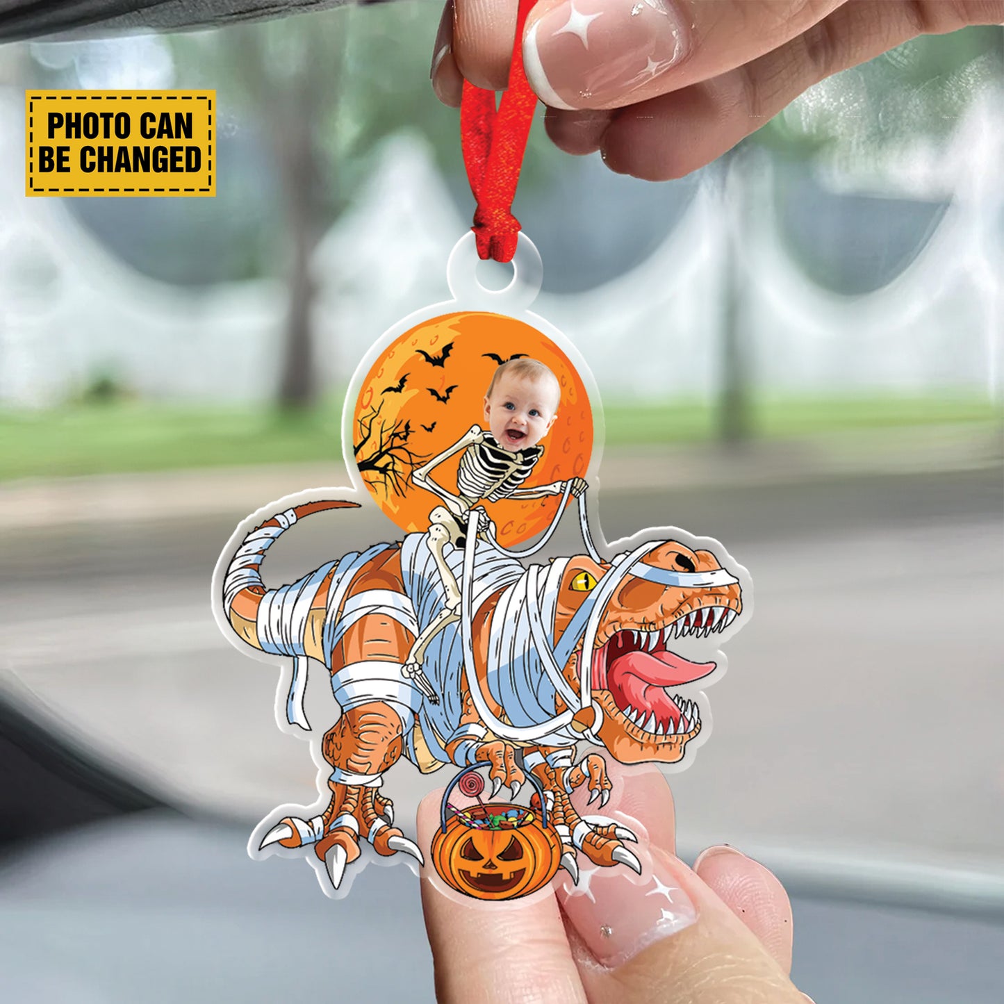 Teesdily | Customized Dinosaur Skeleton Ornament Halloween, Happy Halloween Party Rex Pumpkin Car Hanging Ornament, Trick Or Treat, Halloween Gift