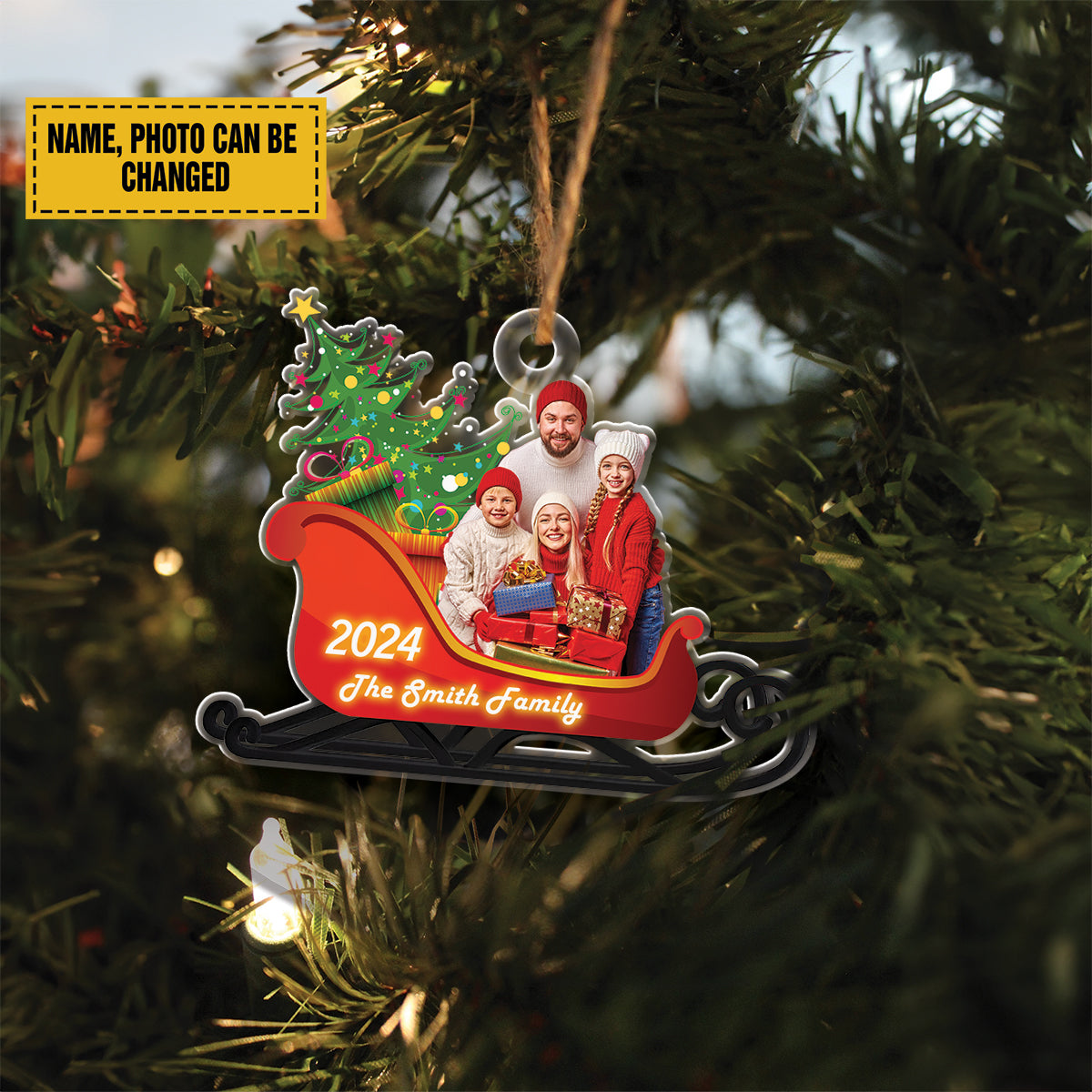 Teesdily | Personalized Photo Family Santa Sleigh Christmas Ornament, Family Ornament 2024 Merry Christmas, Christmas Tree Hanging Decor, Xmas Gift