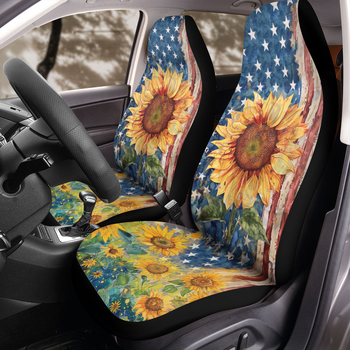 Teesdily | American Flag Sunflower Car Seat Cover, Independence Day Front Seat Cover, Sunflower Seat Protector, Car Accessories, Gift For Patriot