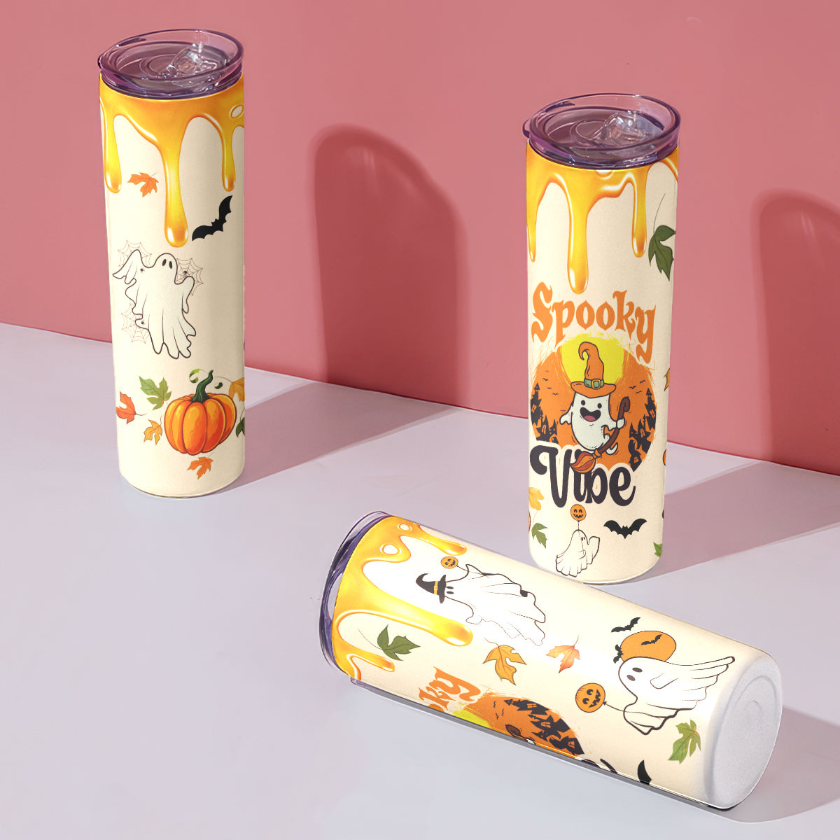 Teesdily | Halloween Spooky Vibes Ghost Skinny Tumbler, Ghost Pumpkin Bat Witch Tumbler 20oz, Cute Ghost Tumbler Cup, Happy Halloween Holiday Gifts