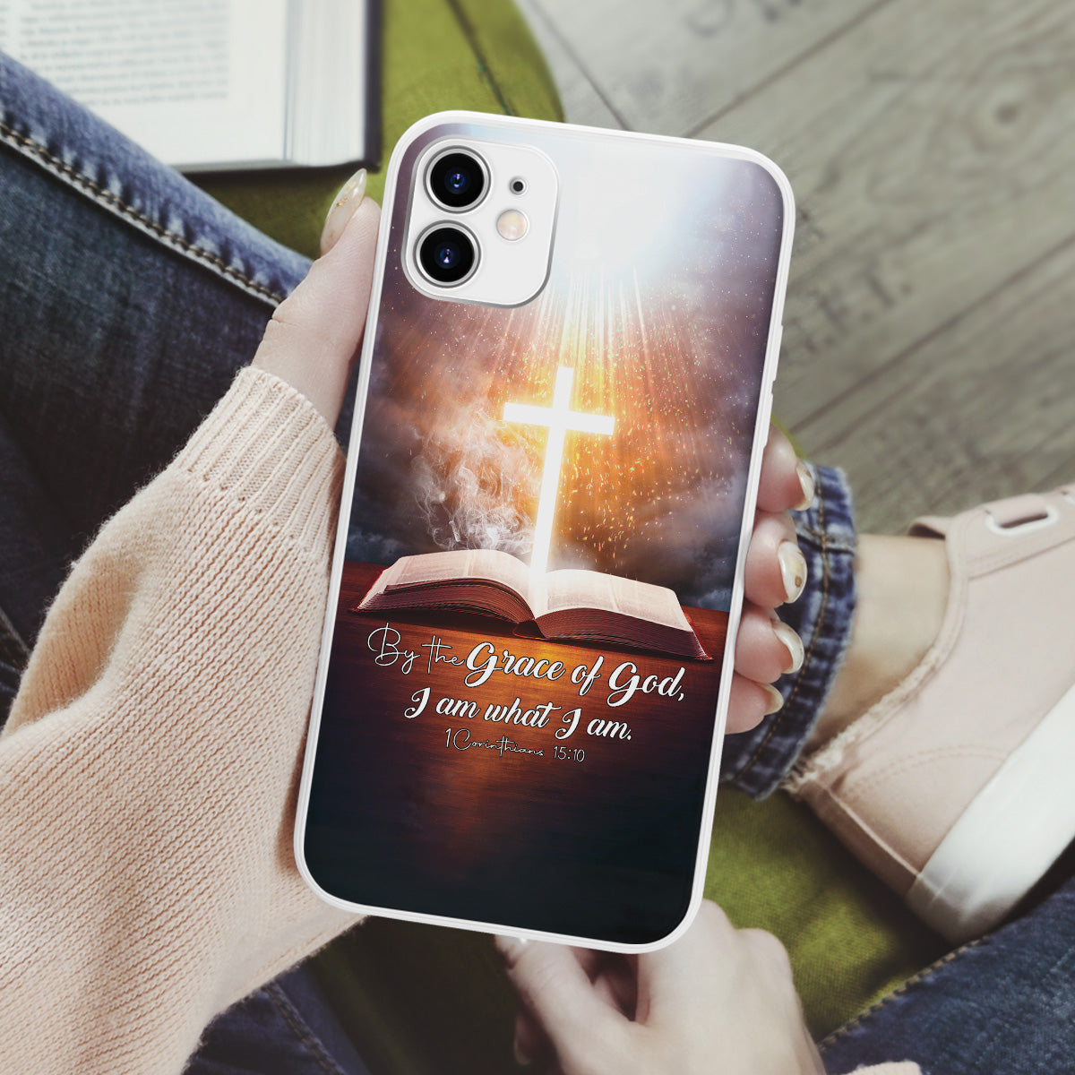 Teesdily | Jesus Christian Cross Bible Heaven Graphic Phone Case By The Grace Of God I Am What I Am All Over Print Phone Cover Religious Gift Ideas