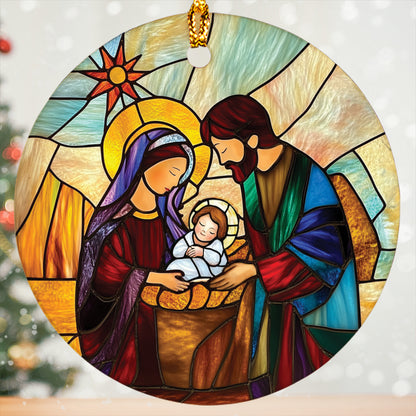 Teesdily | Holy Family Stained Glass Print Christmas Ornament, Jesus Nativity Ornament 2D, Religious Christian Scene Ornament Gift