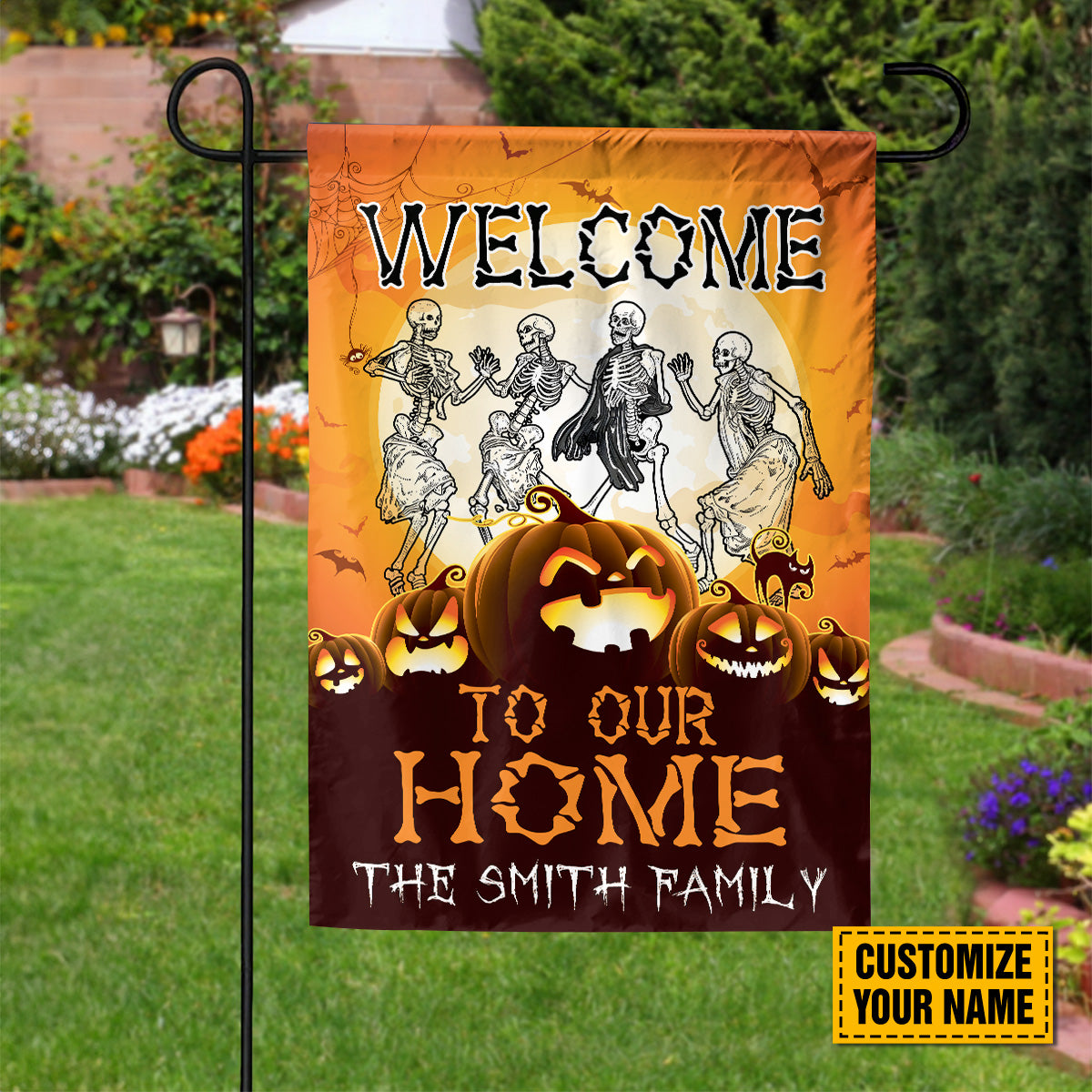 Teesdily | Personalized Welcome To Our Home Flag, Skeleton Dancing Pumpkin Halloween Garden Flag, Halloween Party House Flag, Yard Banner Decor