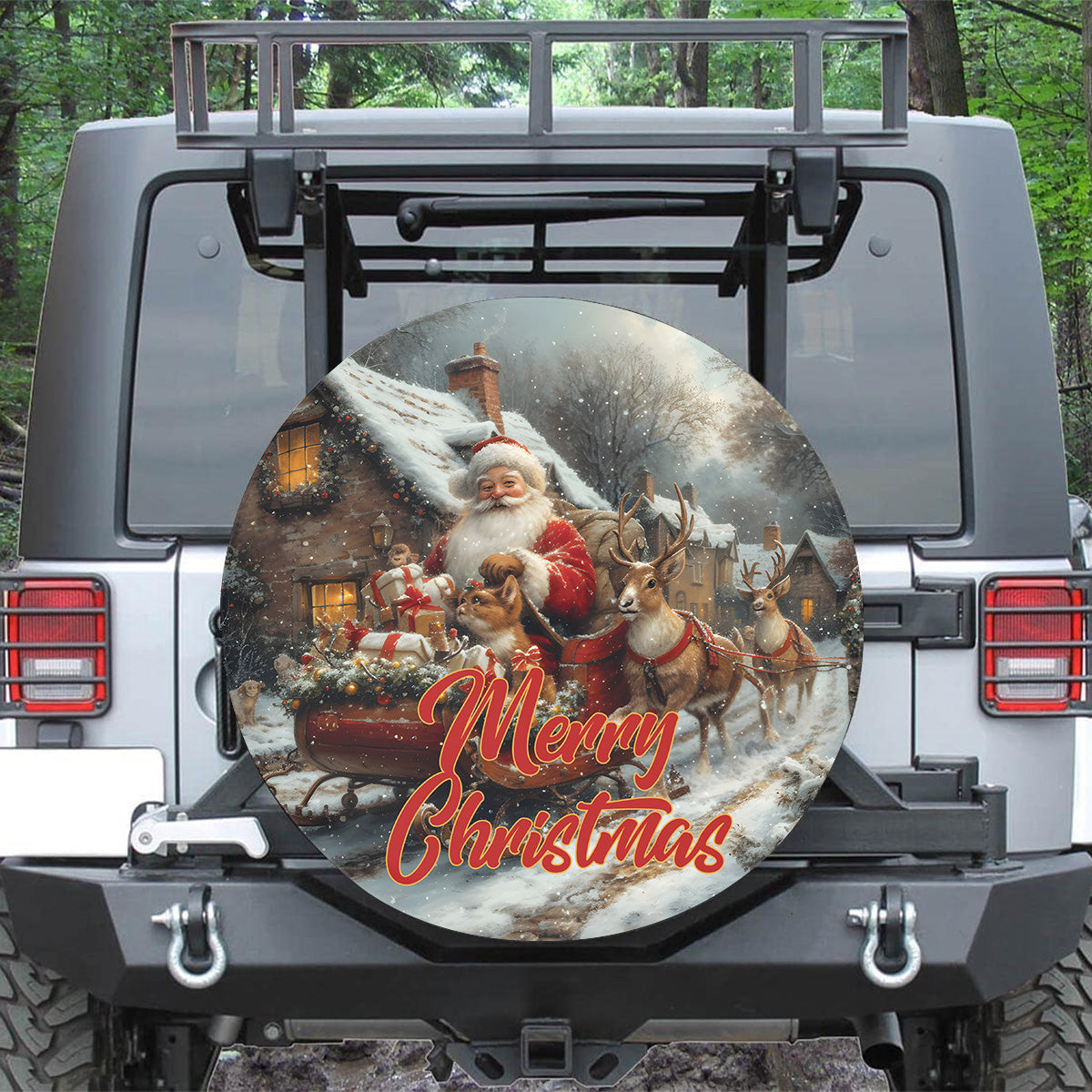 Teesdily | Santa Claus Reindeer Car Spare Tire Cover, Merry Christmas Santa Bunny Wheel Cover, Christmas Truck Tire Protector, Car Accessories