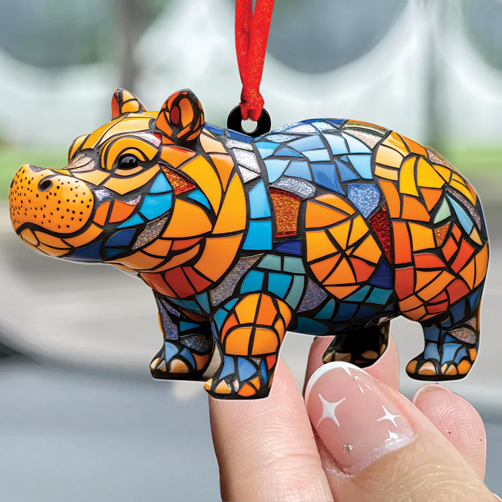 Teesdily | Cute Colorful Mosaic Hippopotamus Christmas Ornament, Stained Glass Design Hippo Xmas Gift Ornament, Hippo Lovers Gift