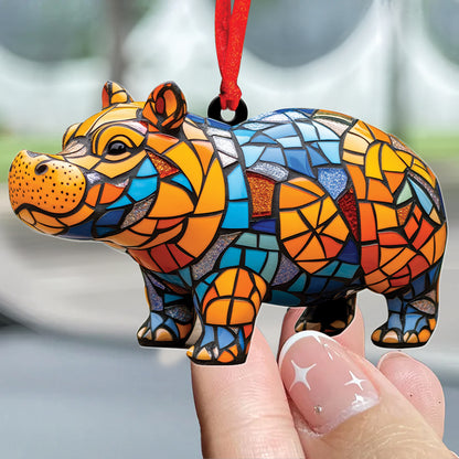 Teesdily | Cute Colorful Mosaic Hippopotamus Christmas Ornament, Stained Glass Design Hippo Xmas Gift Ornament, Hippo Lovers Gift