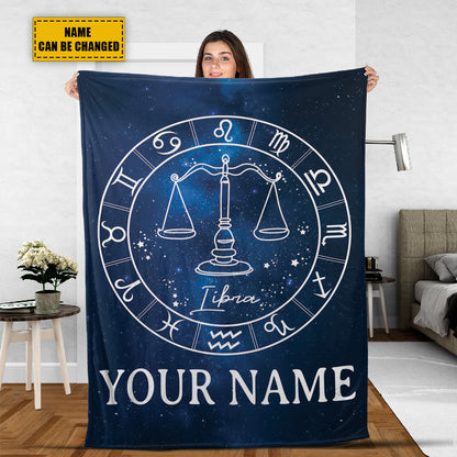 Teesdily | Libra Personalized Fleece Blanket With Name Horoscope Design Sherpa Blanket Zodiac Sign Constellation Astrology Adult Kid Birthday Gifts