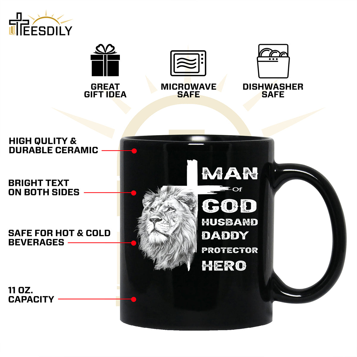 Teesdily | Jesus Lion Cross Shirt, Man Of God Husband Daddy Protector Hero, Jesus Lover Gift, Unisex Tshirt Hoodie Sweatshirt Mug