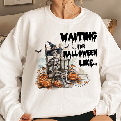 Teesdily | Funny Halloween Skeleton T-shirt, Skeleton Waiting For Halloween Like Sweatshirt Hoodie Mug, Skeleton Pumpkin Shirt, Halloween Party Gift