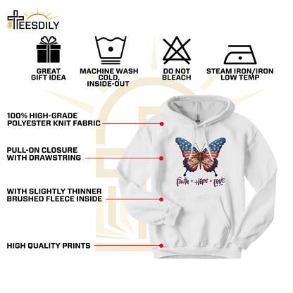 Teesdily | Jesus Butterfly American Flag Shirt, Faith Hope Love US Pride Patriotic T-shirt, Independence Day Sweatshirt Hoodie, Butterfly Lover Gifts