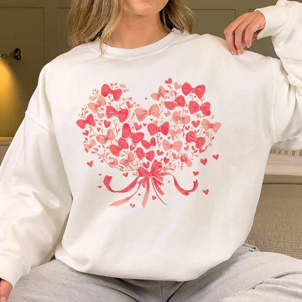 Teesdily | Coquette Valentine Bow Heart Shirt, Pink Bow Heart Valentines Day Sweatshirt, Love Bow Hoodie Mug Valentine Gift