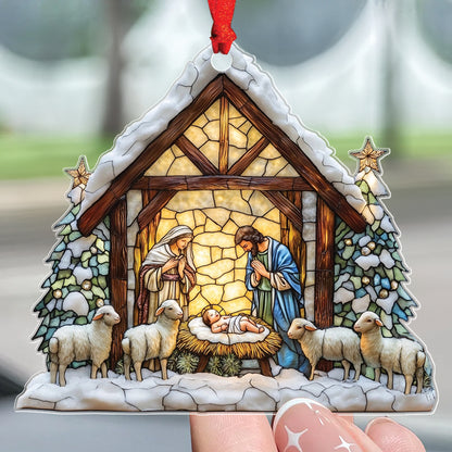 Teesdily | Nativity Scene Acrylic Ornament , Nativity Jesus Snowy House Christmas Ornament, Religious Jesus Lover Gift