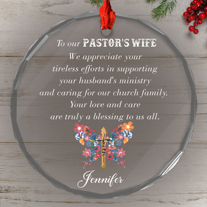 Teesdily | Customized Pastor's Wife Jesus Cross Glass Ornament, We Appreciate Your Tireless Efforts Christmas Ornament, Jesus Gift