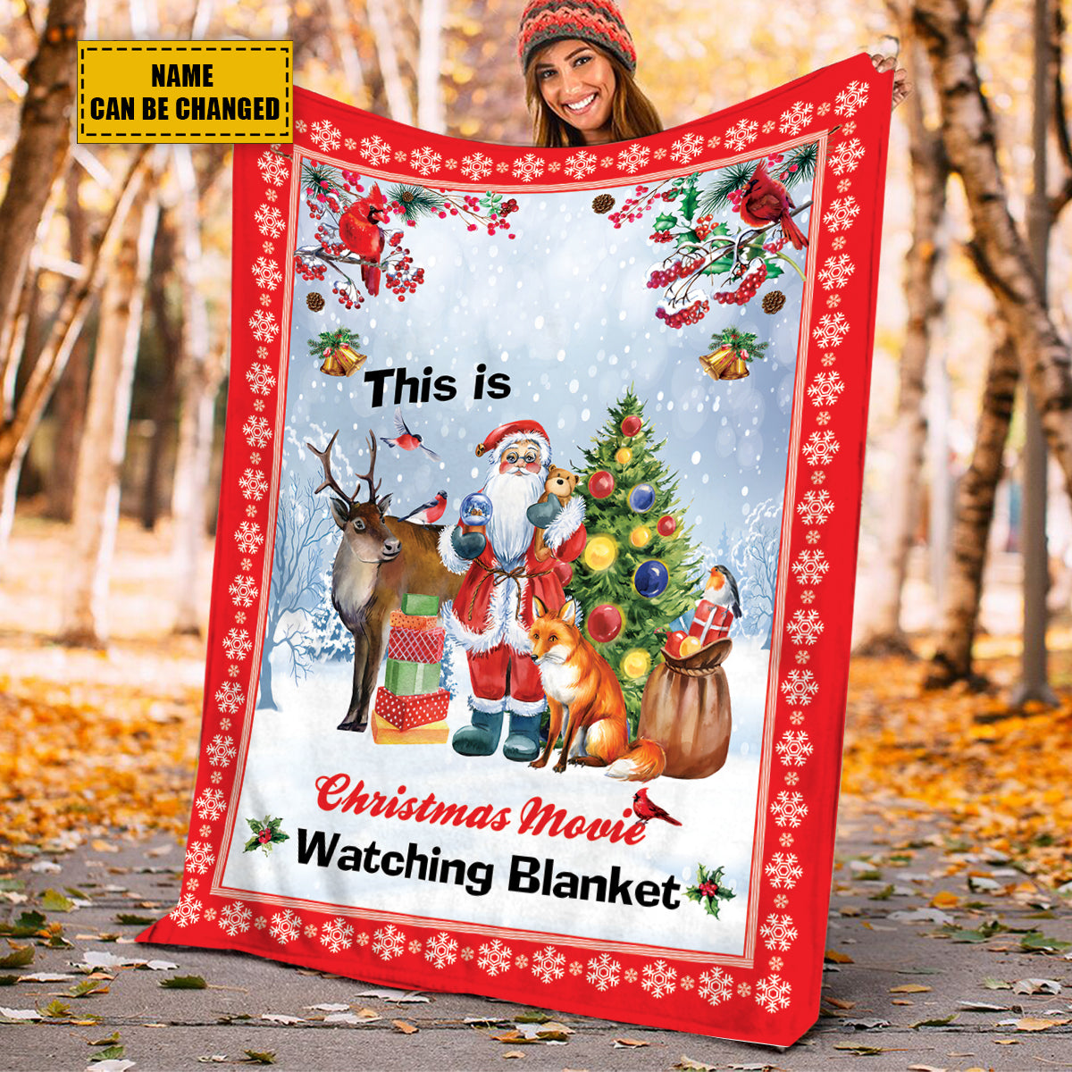 Teesdily | Custom Name Christmas Movie Fleece Blanket, Christmas Woodland Animal Sherpa Blanket, Cardinal Xmas Theme Personalized Sofa Blanket Gifts