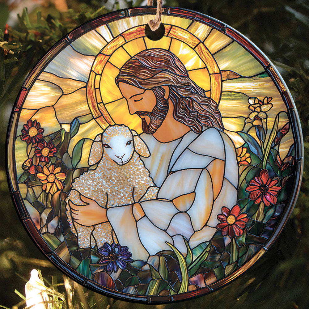 Teesdily | Jesus And Lamb Ornament Christmas, Jesus Christ Sheep Flower Stained Glass Printed Ornament 2D, Christmas Decor Gift