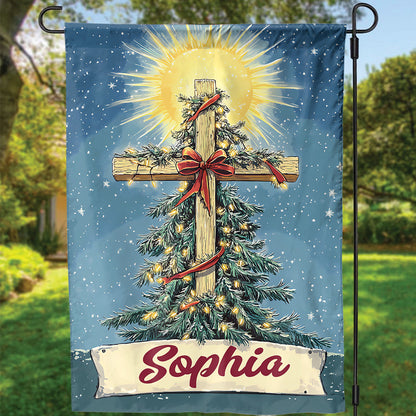 Teesdily | Customized Jesus Christmas Tree Flag, Christ Cross Light Garden Flag, Christmas Bow Religious House Flag Yard Decor