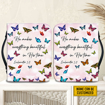 Teesdily | God Bible Verse Butterfly Leather Bible Cover He Makes Everything Beautiful In His Time Bible Book Cover Christian Gifts For Women Faith