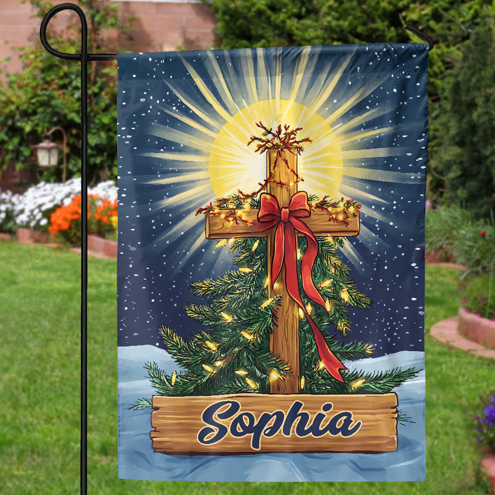 Teesdily | Customized Jesus Christmas Tree Flag, Christ Cross Light Garden Flag, Christmas Bow Religious House Flag Yard Decor