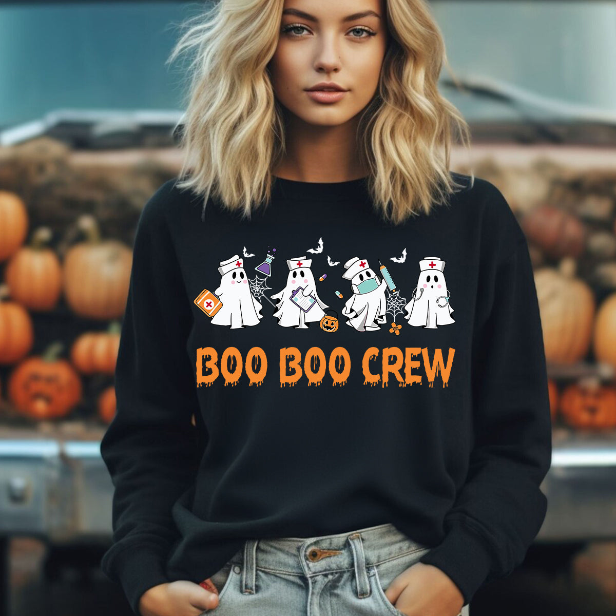 Teesdily | Halloween Nurse T-shirt, Boo Boo Crew Cute Ghost Tee Sweatshirt Hoodie Mug, Halloween Nursing Gift, Spooky Season Gift