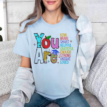 Teesdily | You Are Kind Loved Brave Enough Shirt, Back To School T-shirt, Teacher Love Sweatshirt Hoodie Mug, First Day Of School Tee, Teacher Gift