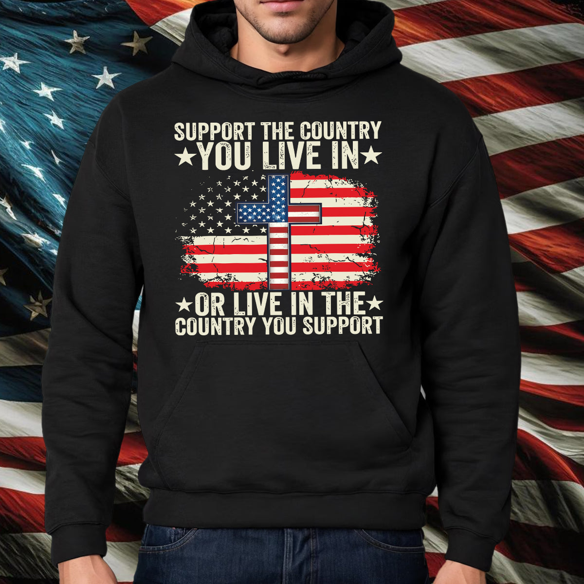 Teesdily | American Flag Jesus Cross Shirt, Support The Country You Live Tee Sweatshirt Hoodie Mug, Jesus Lovers Gifts, Patriotism Shirt