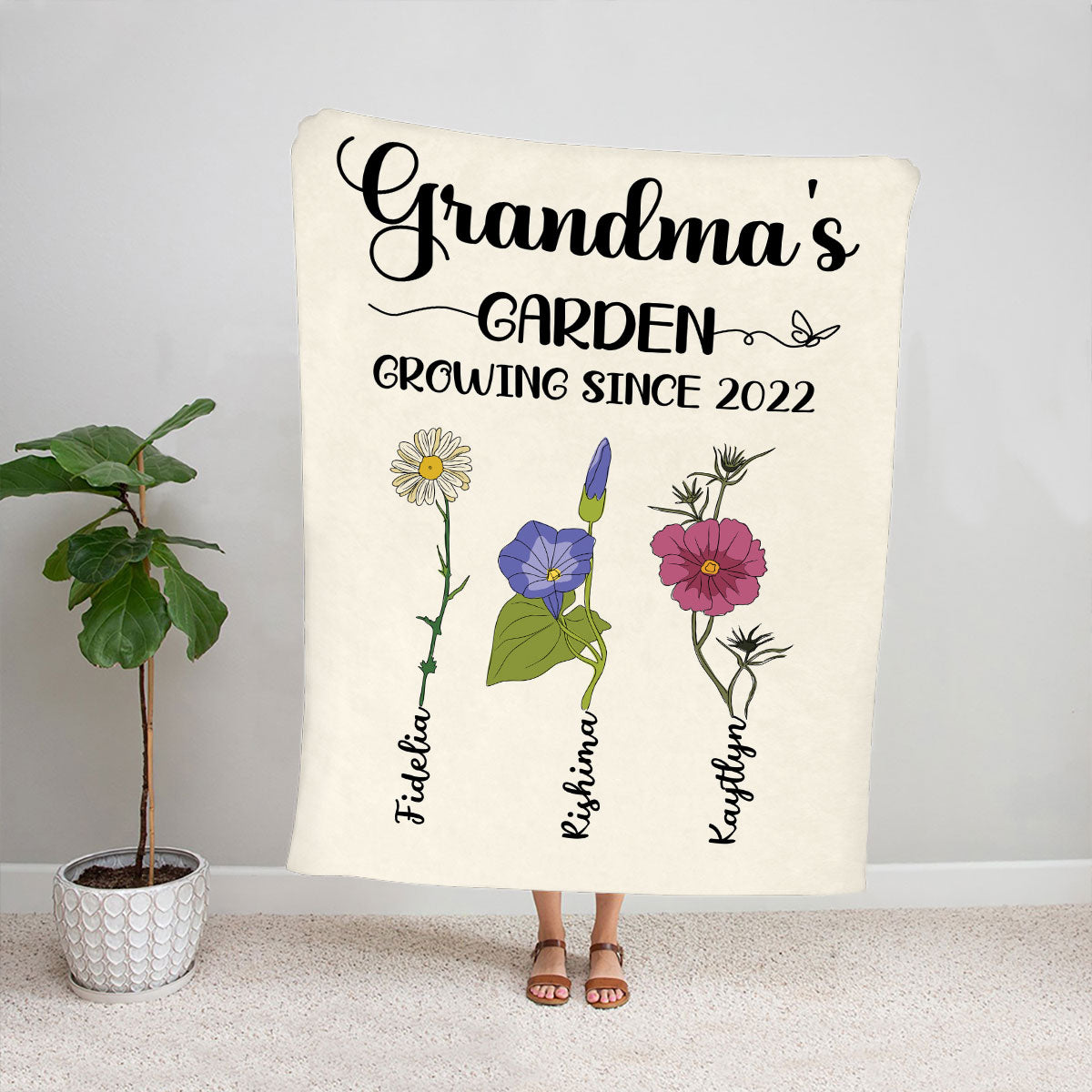 Teesdily | Grandma's Garden Growing Since Customized Year Throw Blanket Floral Print Vintage Sherpa Fleece Blanket Mothers Day Custom Gifts