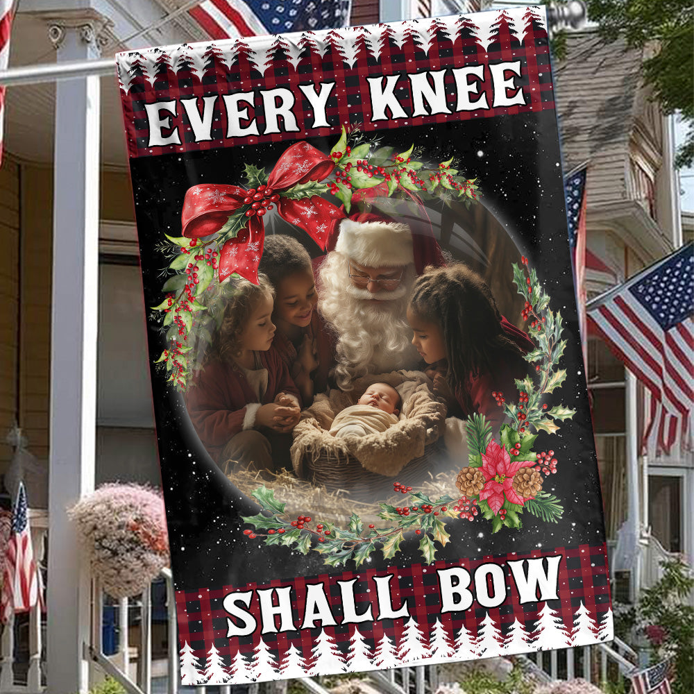 Teesdily | Santa Claus Kneeling With Baby Jesus Christmas Garden Flag, Every Knee Shall Bow House Flag, Christmas Yard Decor