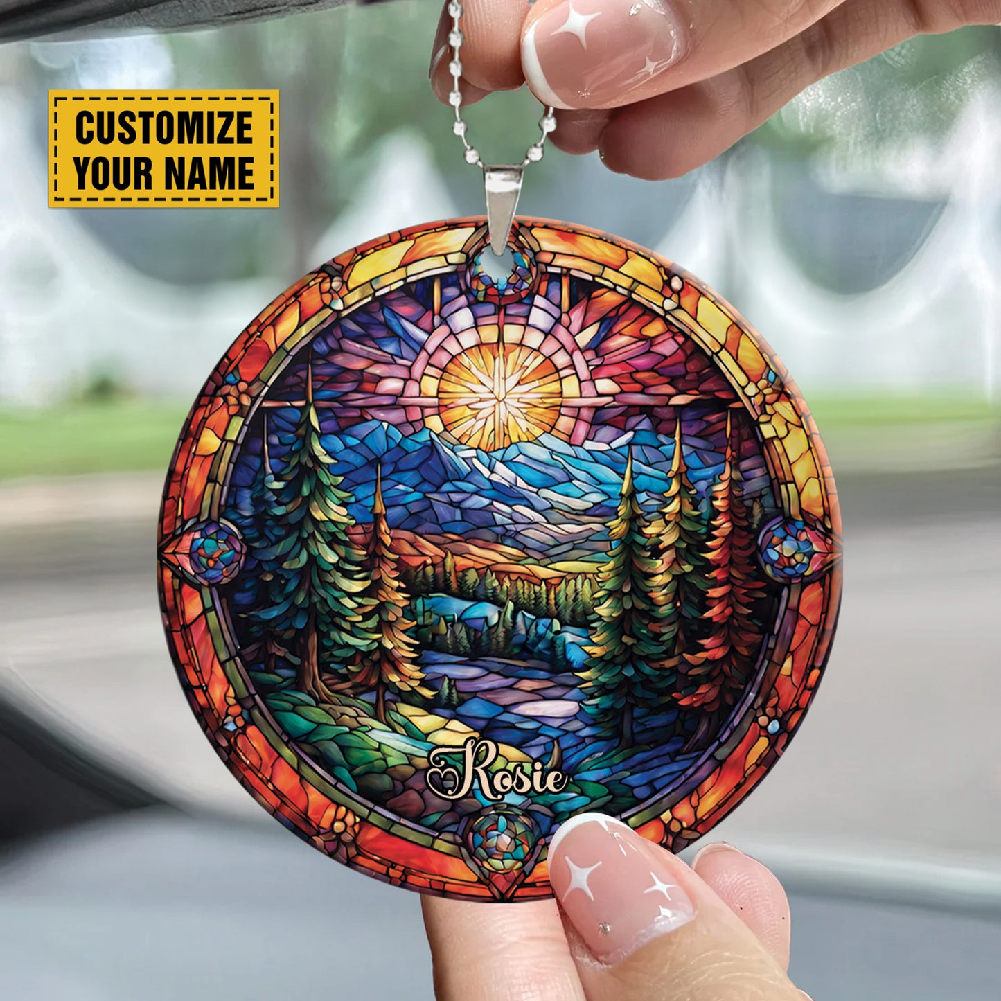 Teesdily | Customized Christmas Tree And The Sun Stained Glass Art Design Circle Ceramic Ornament, Christmas Acrylic Ornament, Jesus Lovers Gifts