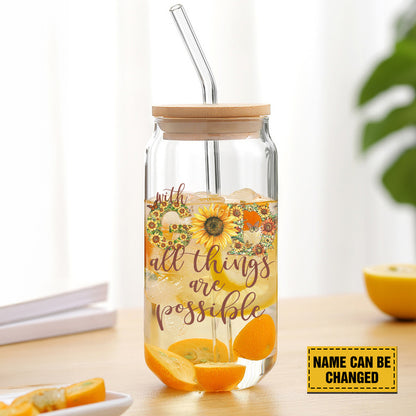 Teesdily | Customized Jesus Sunflower Glass Can With Straw, With God All Things Are Possible Mug Coffee, Christ Frosted Glass Can, Christian Art Gift