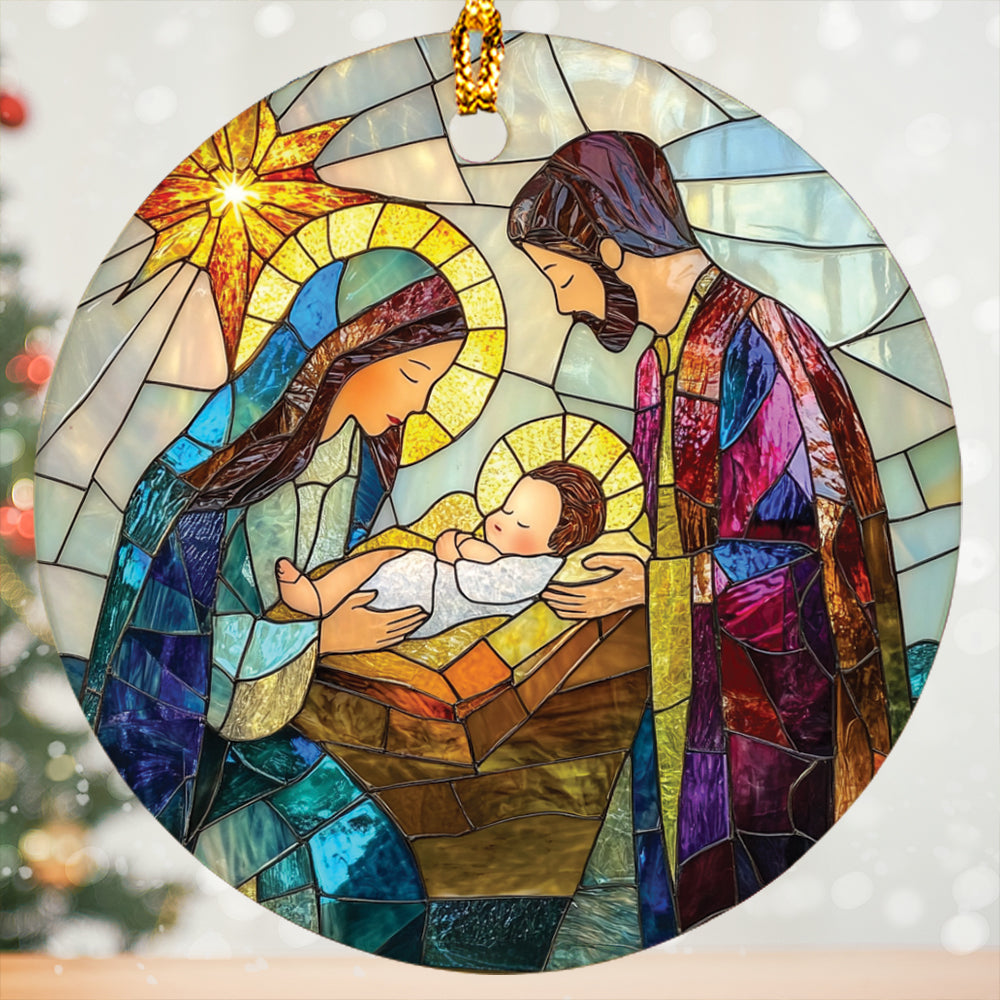 Teesdily | Holy Family Stained Glass Print Christmas Ornament, Jesus Nativity Ornament 2D, Religious Christian Scene Ornament Gift