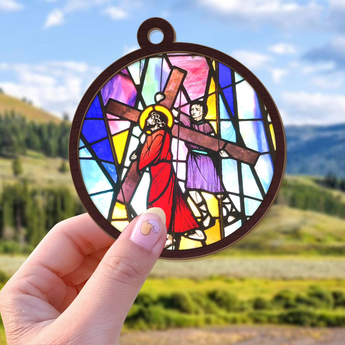 Teesdily | Simon Jesus Cross Suncatcher, Simon Helps Jesus To Carry His Cross Suncatcher, Jesus Lovers Gifts, Christian Christmas Gift, Xmas Decor