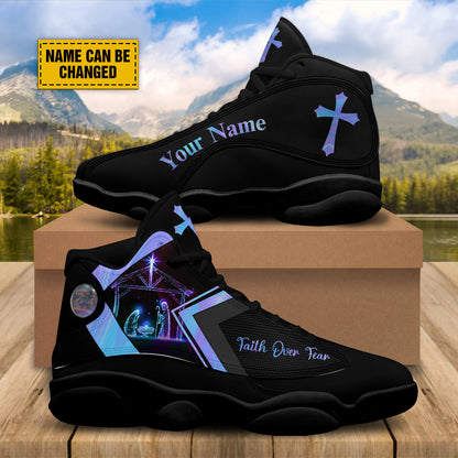 Teesdily | Personalized Jesus Cross Christ Nativity Basketball Shoes, Jesus Nativity Running Shoes, Christian Religious Gift, Shoes With Thick Soles