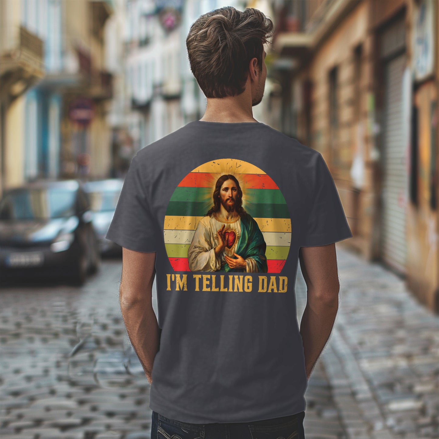 Teesdily | Jesus Sacred Heart Retro Shirt, I'm Telling Dad Shirt, Dad Grandad Vintage Sweatshirt Hoodie Mug, Father's Day Christian Dad Gifts