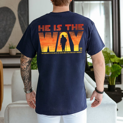 Teesdily | Jesus Walking Sunset Shirt, He Is The Way The Truth The Life Unisex Hoodie Sweatshirt Mug, Christian Shirt Backside, Religious Gift Ideas