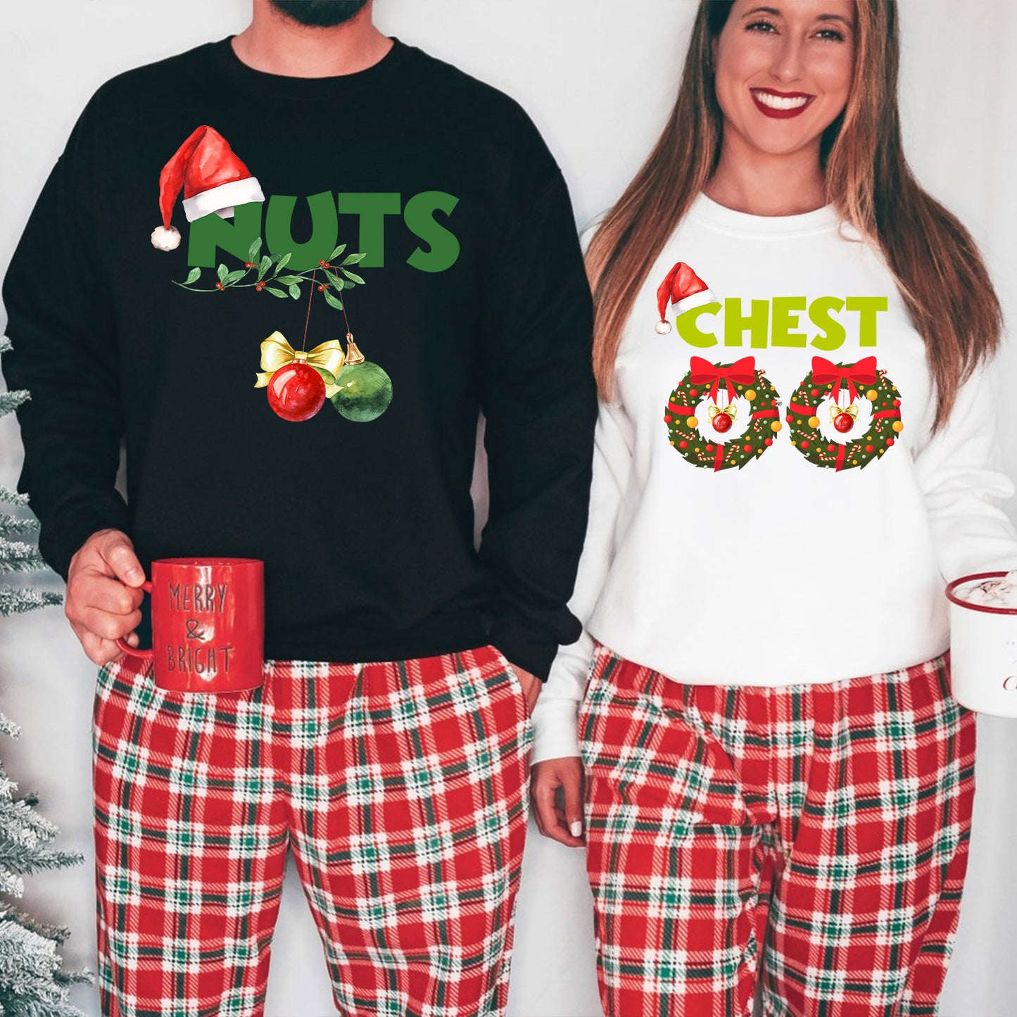 Teesdily | Chest Nuts Matching Christmas Shirt, Funny Couple Shirts, Christmas Couple Sweatshirt, Holiday Matching Family Gift