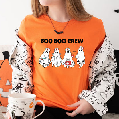 Teesdily | Funny Halloween Nurse T-shirt, Boo Boo Crew Cute Ghost Tee Sweatshirt Hoodie Mug, Halloween Nursing Gift, Cute Nurse Spooky Season Gifts