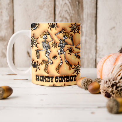 Teesdily | Dancing Skeletons Cowboy Inflated 3d Print Mug, Howdy Cowboy Skeleton Mug, Spooky Vibes Halloween Mug, Funny Halloween Gifts