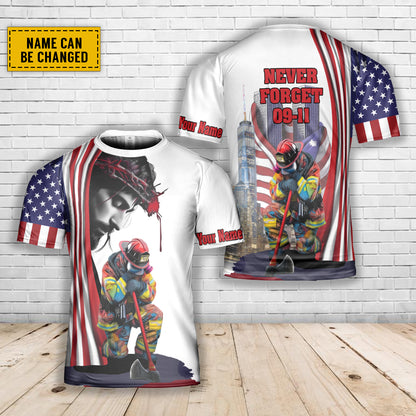 Teesdily | Firefighter 911 Day 3d Custom Tshirt Polo, Jesus American Flag All Over Print Shirt, Never Forget September 11th Remembrance Day Patriot