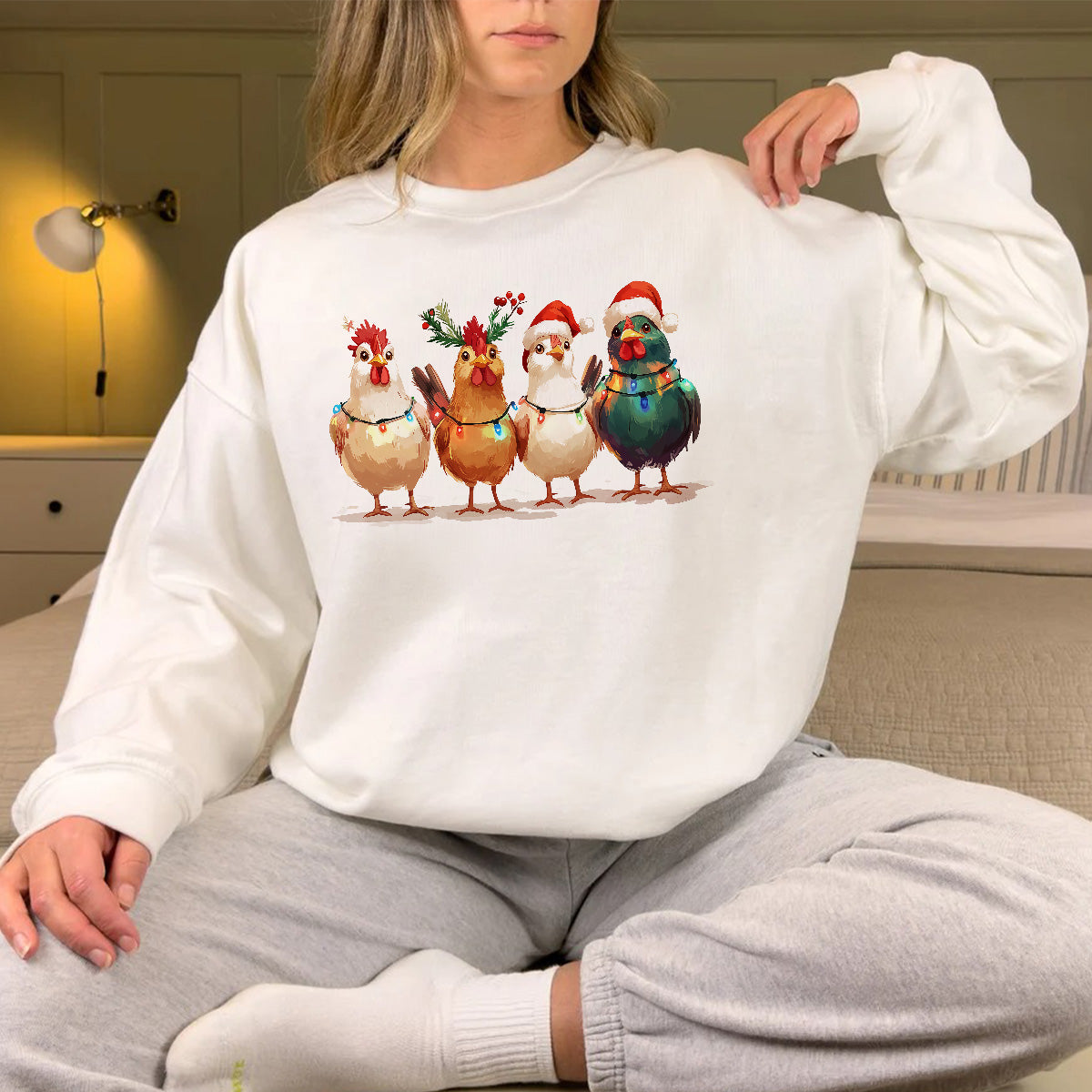 Teesdily | Christmas Chicken Light Shirt, Santa Chicken T-shirt, Farm Animal Sweatshirt, Christmas Farm Hoodie Mug, Chicken Lover Gift