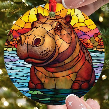 Teesdily | Stained Glass Art Hippo Ceramic Ornament, Hippopotamus Christmas Ornament, Xmas Gift Ornament, Cute Baby Hippo Gift