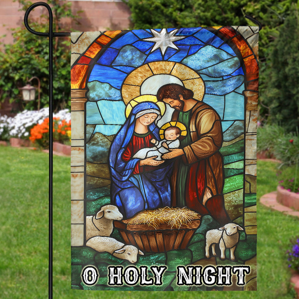 Teesdily | Christmas Jesus Nativity O Holy Night Garden Flag, Christian Christmas Scene Stained Glass Print House Flag Decor Yard