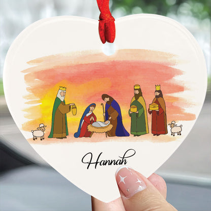 Teesdily | Customized Jesus Nativity Art Heart Ceramic Ornament, Nativity Scene Drawing Christmas Ornament, Jesus Lover Gifts