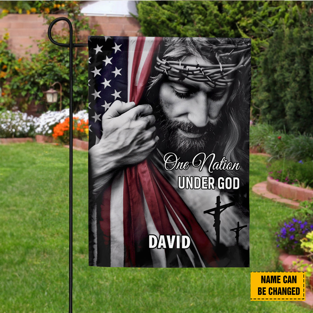 Teesdily | Personalized Jesus American Flag, One Nation Under God House Flag, God Garden Flag Decor, Jesus Lover Gifts, Christian Patriotism Gift