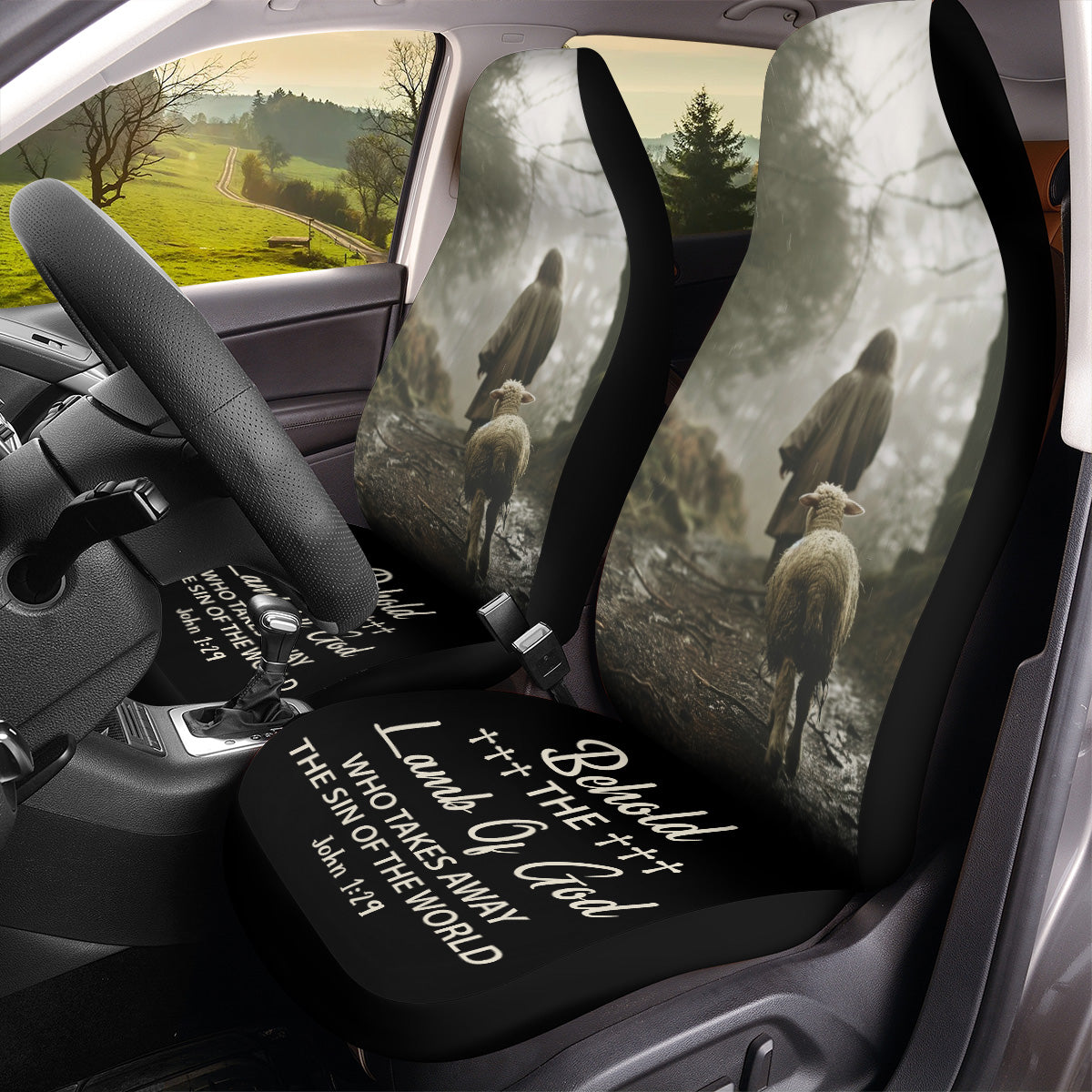 Teesdily | The Lamb Of God Car Seat Cover, John 1 29 Bible Verse Front Protector Seats, Christian Religious Gift, Car Accessories, Faith God Gift