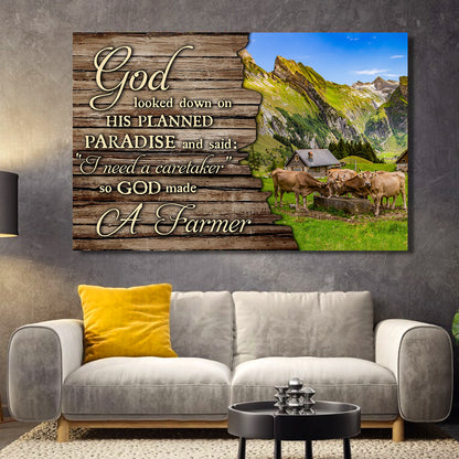 Teesdily | God Cow Farm Poster Canvas, So God Made A Farmer Wall Art Print, Wood Farmhouse Decor, Farmer Gifts, Christian Wall Decor